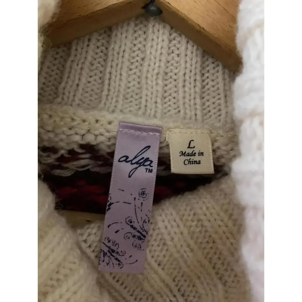 Alya White Wool Blend Turtleneck Sweater with Colorful Pattern Large - Picture 7 of 10